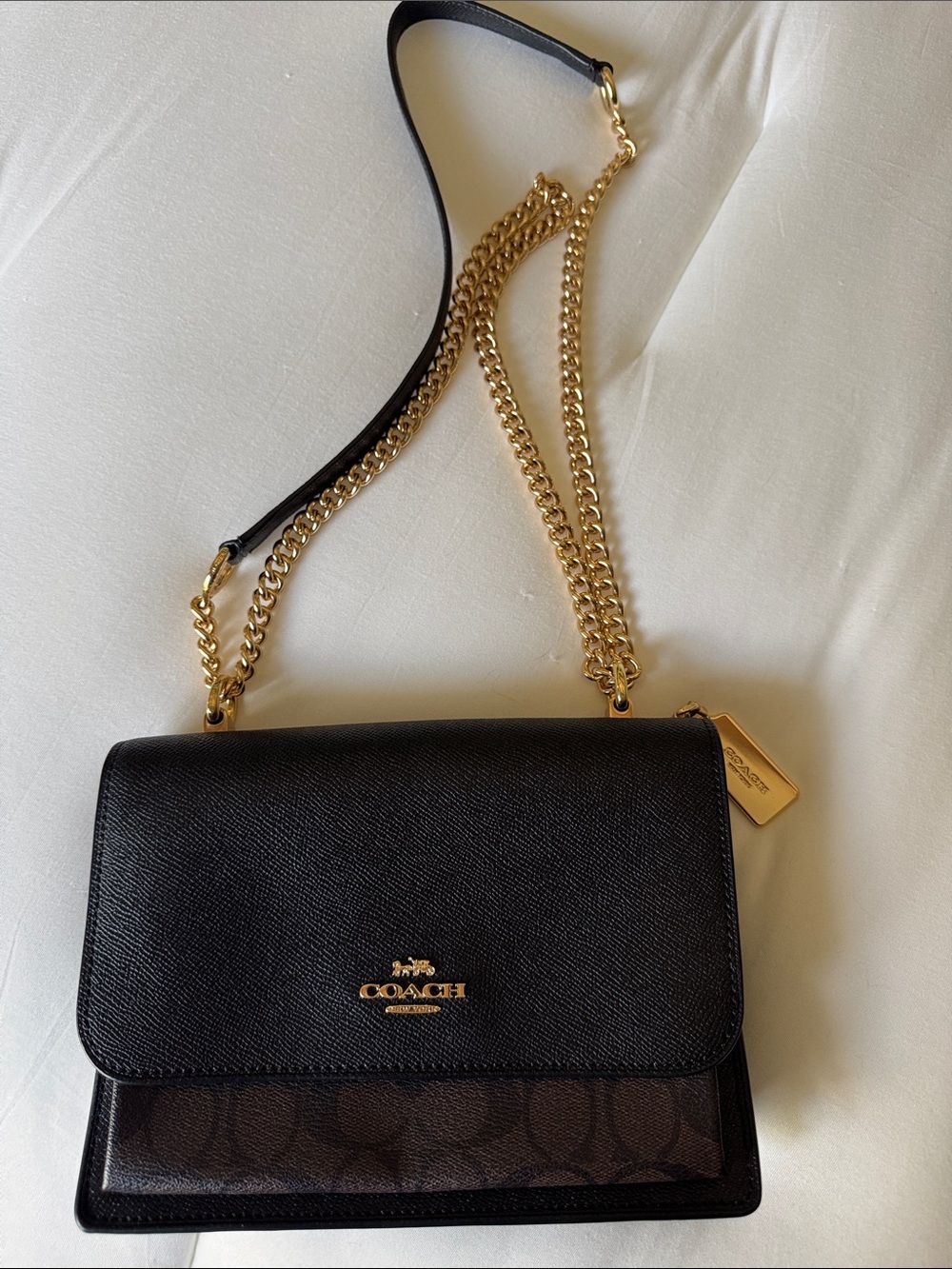 Coach Klare Crossbody Black Leather & Brown Signature Chain Crossbody Bag